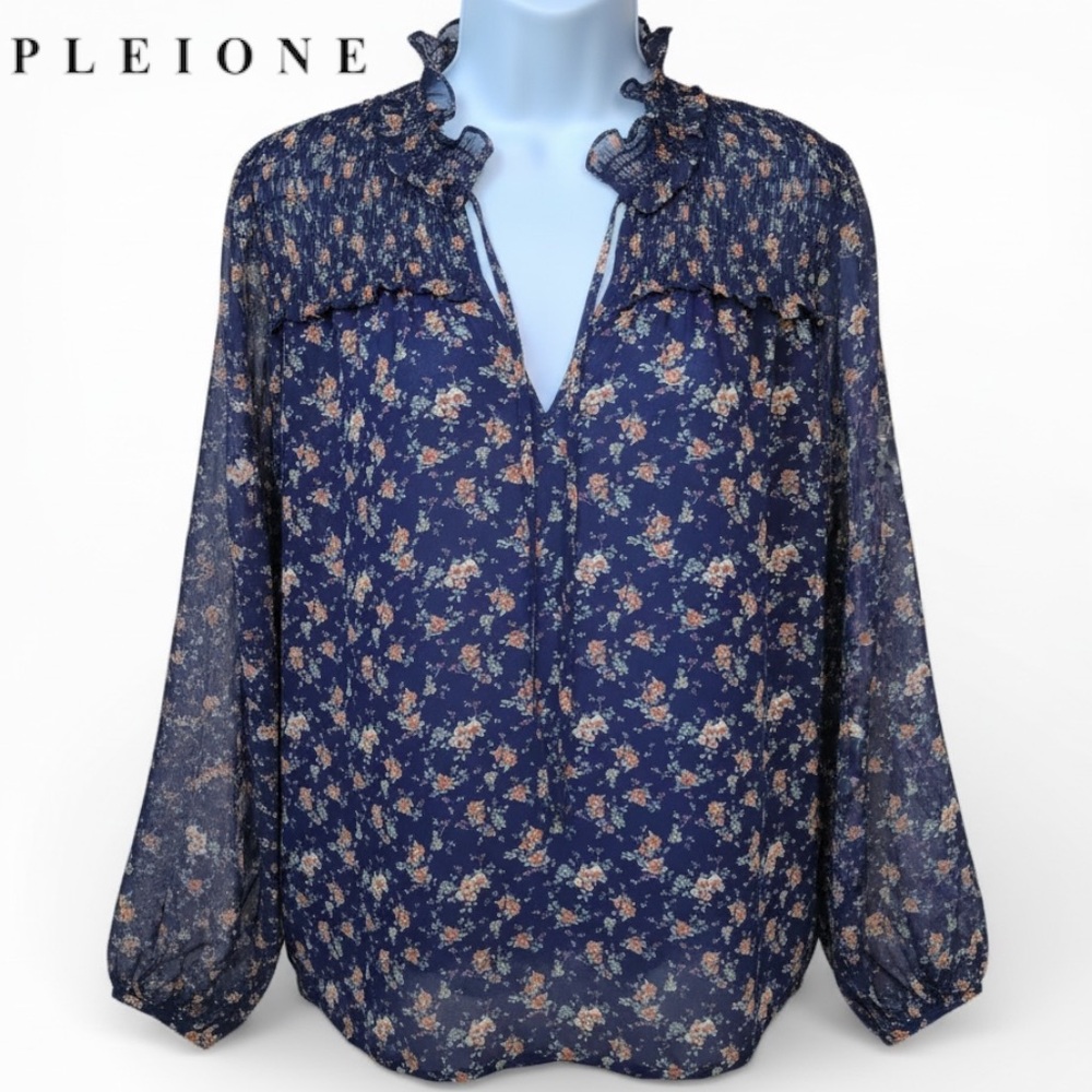 Pleione Blouse Women’s Navy Floral Long Sleeve Top Ruffle Smocked Cottage | Sz L - Picture 1 of 13